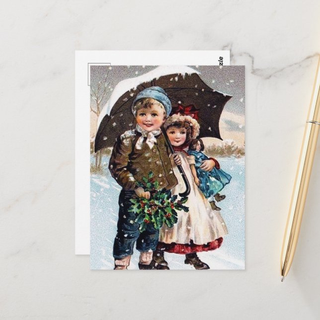 festive vintage Christmas kids Holiday Postcard (Front/Back In Situ)