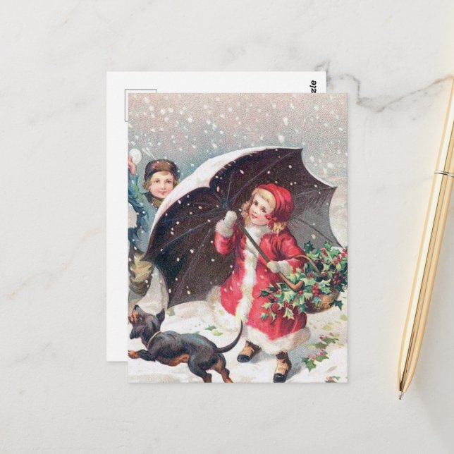 festive vintage Christmas kids Holiday Postcard (Front/Back In Situ)