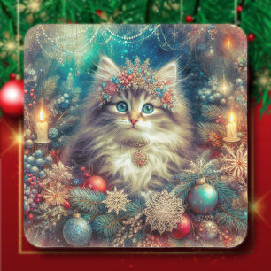 Festive Vintage Christmas Kitty Square Sticker