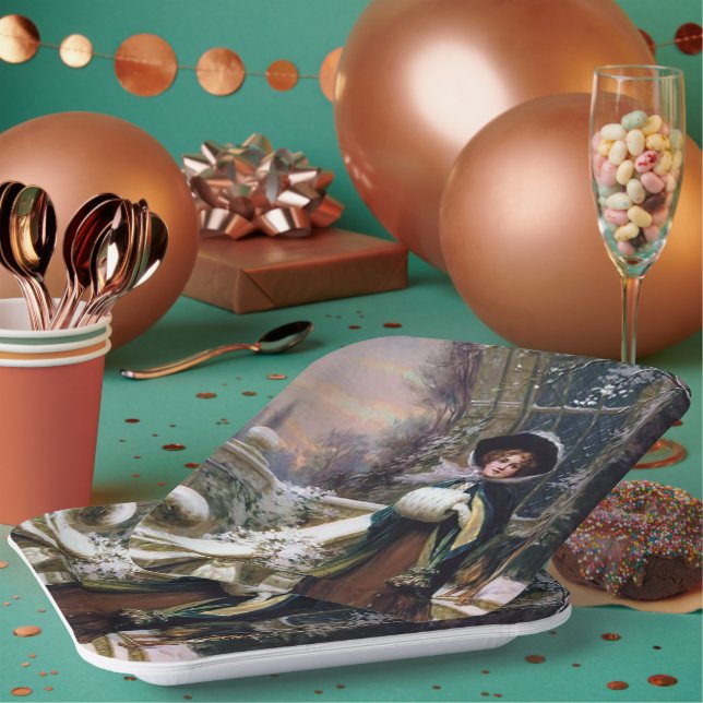 festive vintage Christmas lady Holiday party Paper Plate (Multi)