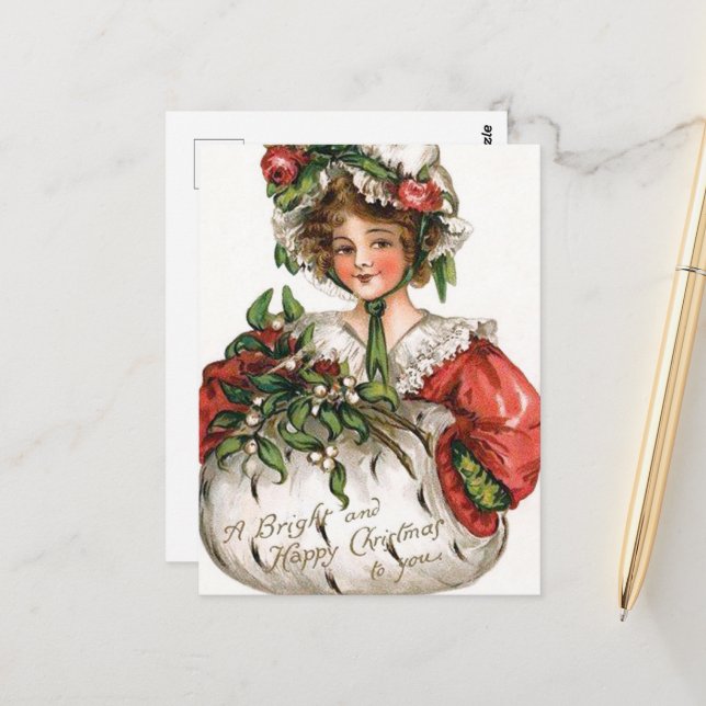 festive vintage Christmas lady Holiday Postcard (Front/Back In Situ)