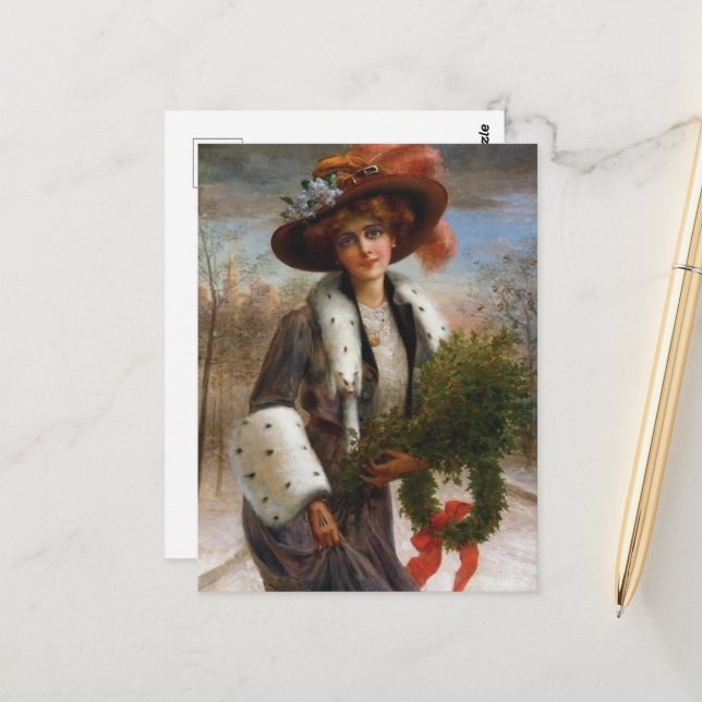 festive vintage Christmas lady Holiday Postcard (Front/Back In Situ)