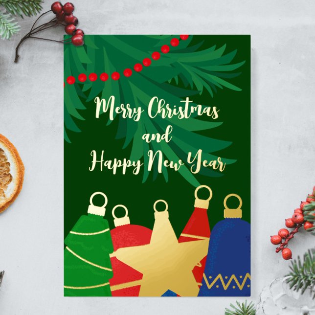 Festive vintage Christmas ornaments photo (Garland with retro Christmas ornaments foil custom holiday card with your photo and text)