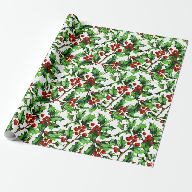 Festive Vintage Christmas Red Holly Berries   Wrapping Paper (Unrolled)