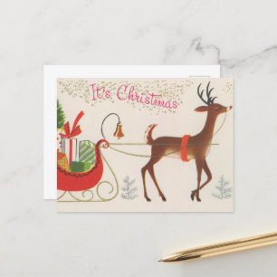 festive Vintage Christmas reindeer Holiday Postcard
