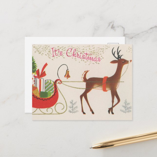 festive Vintage Christmas reindeer Holiday Postcard (Front/Back In Situ)