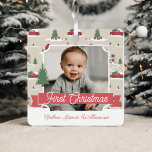 Festive Vintage Christmas Tree Farm Photo Ceramic  Metal Tree Decoration<br><div class="desc">Celebrate the magical and festive holiday season with our custom holiday photo ornament. Our vintage holiday design features a Christmas tree farm scenery, this Christmas pattern incorporates a farm Christmas scene featuring a farmhouse, a red barn, children playing and throwing snowballs, Christmas trees, and a red vintage truck. Customise with...</div>
