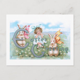 Festive Vintage Easter Bunnies, Child & Greeting Postcard