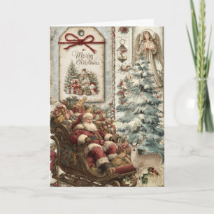Festive Vintage Inspired Floral Santa Christmas  Holiday Card