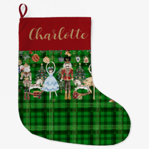 Festive Vintage Nutcracker Ballet Green Plaid Large Christmas Stocking