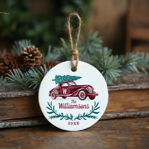 Festive Vintage Red Car Christmas Tree Monogram Ceramic Tree Decoration