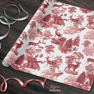 Festive Vintage Red Deer Woodland Toile Wrapping Paper