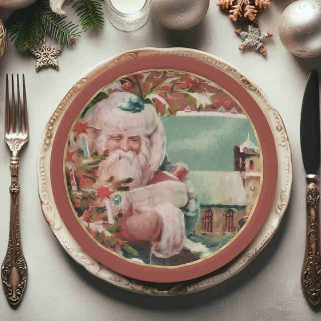 Festive Vintage Santa Claus Christmas Paper Plates (Christmas paper plates, Santa Claus Xmas paper plates)