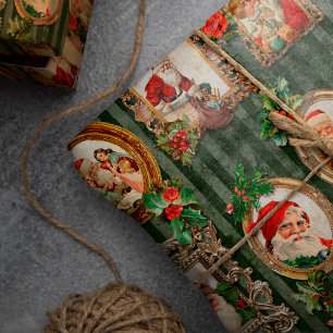 Festive Vintage Santas in Ornate Frames w/Holly Wrapping Paper