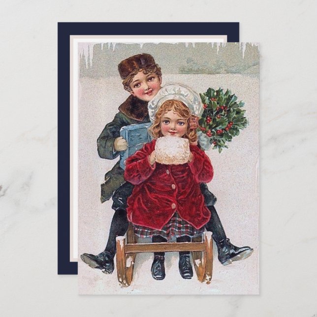 festive vintage sledding Children add sentiment Card (Front/Back)