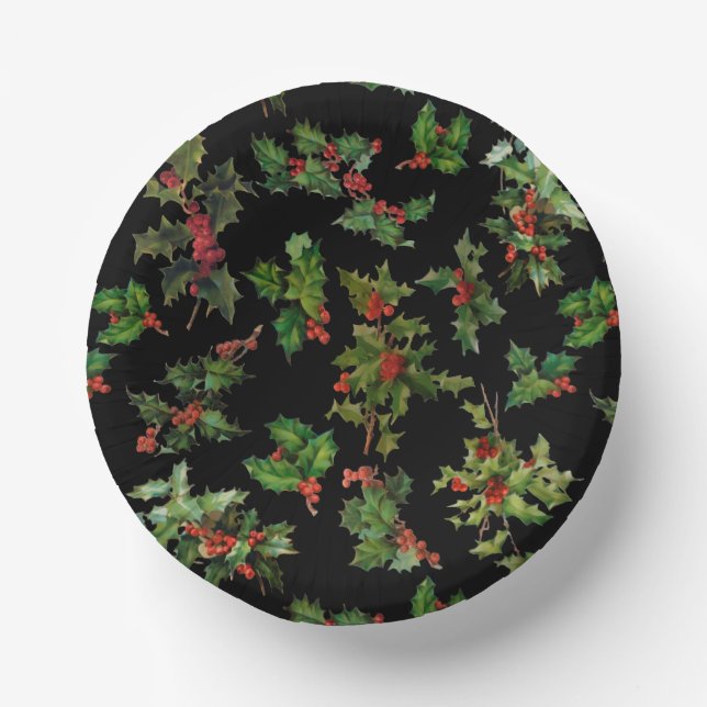 Festive Vintage Style Holly-Black Background Paper Plate (Front)