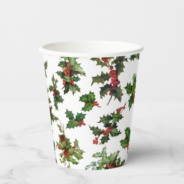 Festive Vintage Style Holly-White Background Paper Cups (Front)