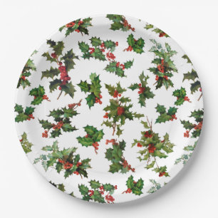 Festive Vintage Style Holly-White Background Paper Plate