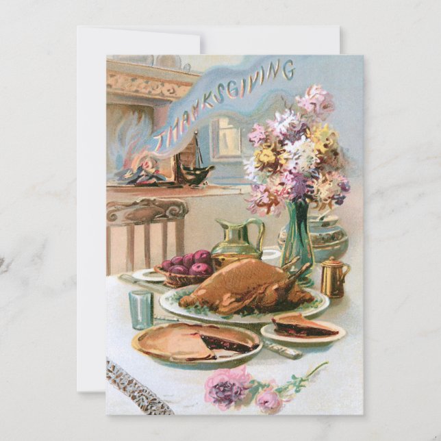 Festive Vintage Thanksgiving Turkey Dinner Holiday Card (Front)