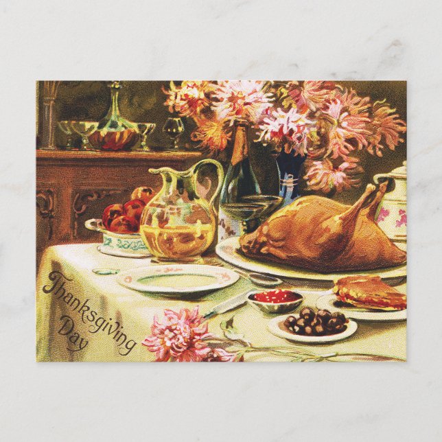 Festive Vintage Traditional Thanksgiving Dinner Postcard (Front)