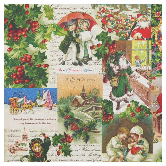 Festive Vintage Victorian Christmas Santa Collage Fabric (Swatch)