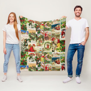 Festive Vintage Victorian Christmas Santa Collage Fleece Blanket