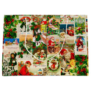 Festive Vintage Victorian Christmas Santa Collage Large Gift Bag