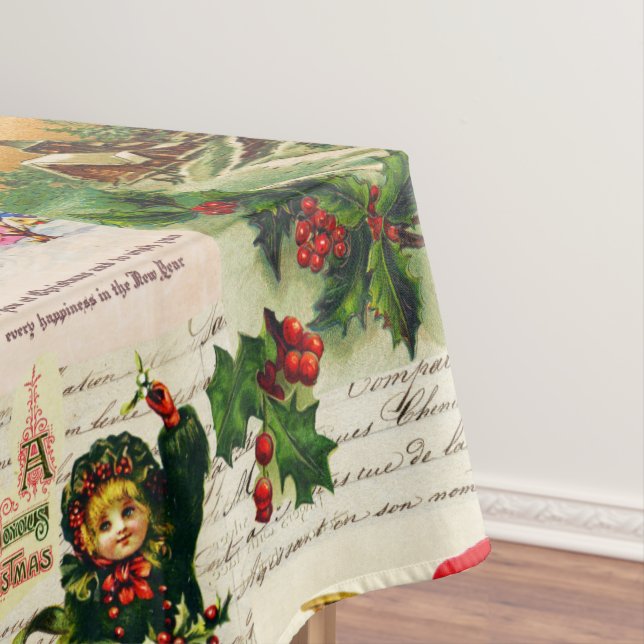 Festive Vintage Victorian Christmas Santa Collage Tablecloth (In Situ)