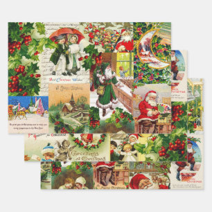 Festive Vintage Victorian Christmas Santa Collage Wrapping Paper Sheet