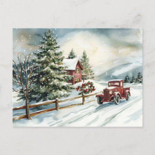 Festive Vintage Watercolor Christmas Scene Postcard