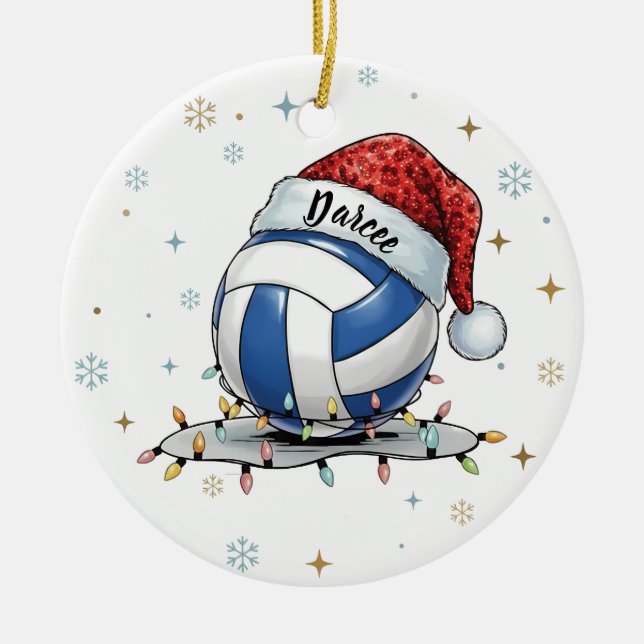 Festive Volleyball Holiday Design with Snowflakes  Ceramic Tree Decoration (Front)