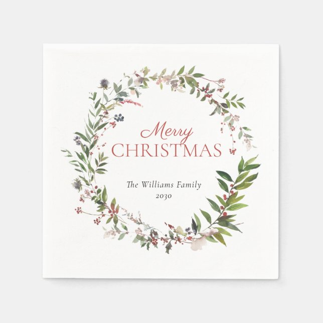 Festive Warm Winter Berry Wreath Merry Christmas Napkin (Front)