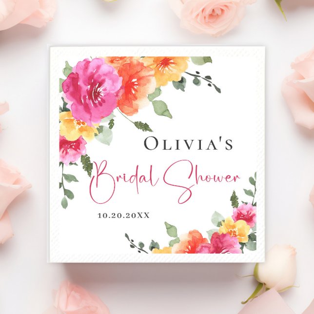 Festive Watercolor Bright Flowers Bridal Shower Napkin (Creator Uploaded)
