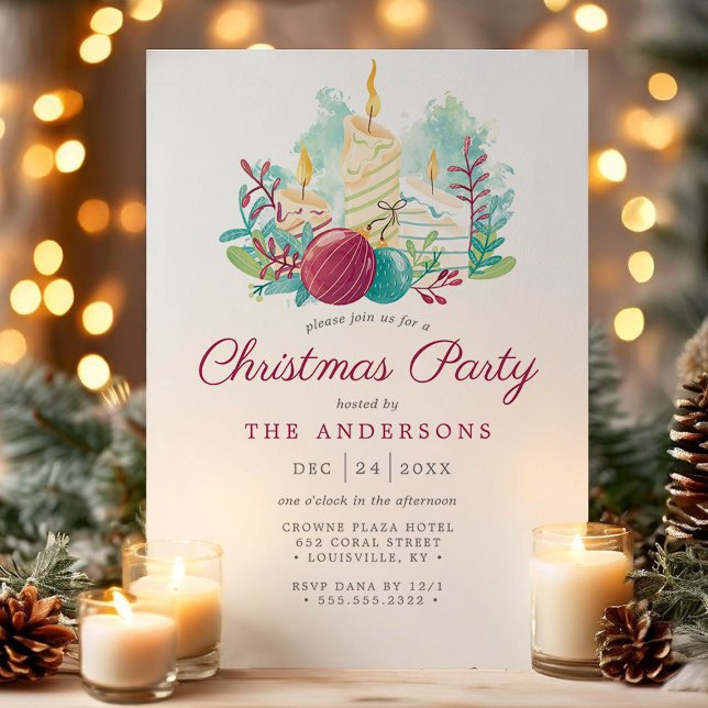 Festive Watercolor Candles Purple Christmas Party Invitation (Creator Uploaded)