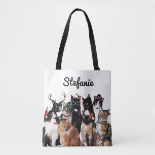 Festive Watercolor Cats Personalised Holiday Tote Bag