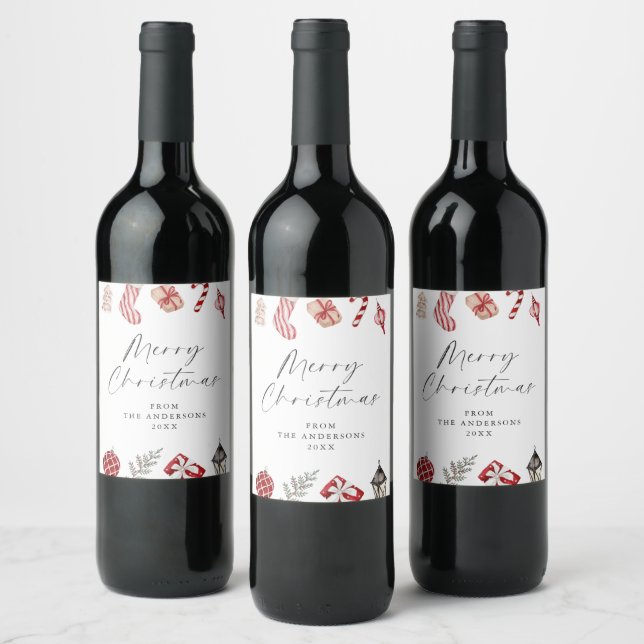 Festive Watercolor Christmas Border Wine Label (Bottles)