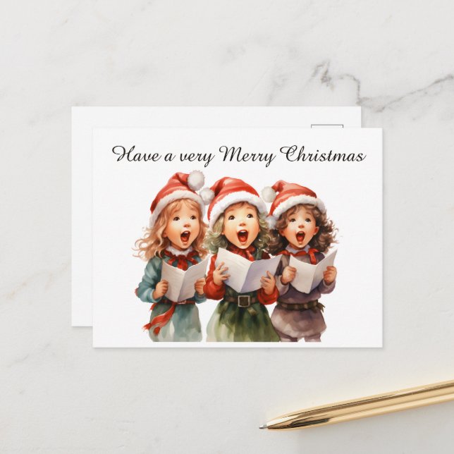 Festive watercolor Christmas carolers add text Holiday Postcard (Front/Back In Situ)