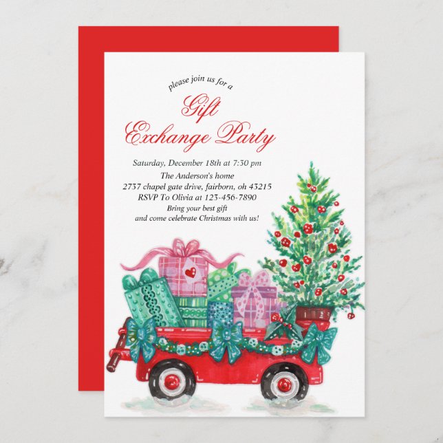 Festive Watercolor Christmas Gift Exchange Party  Invitation (Front/Back)