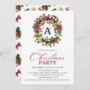 Festive Watercolor Christmas Holly Wreath Party Invitation