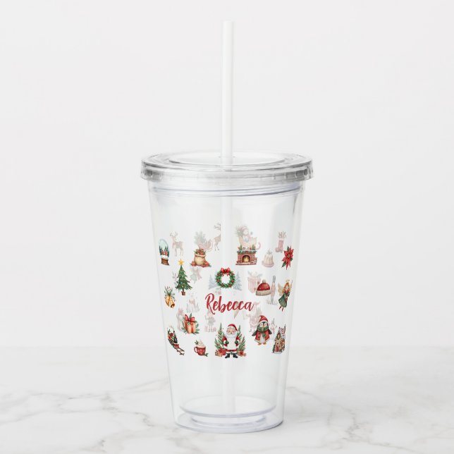 Festive Watercolor Christmas Icons Holiday Tumbler (Front)