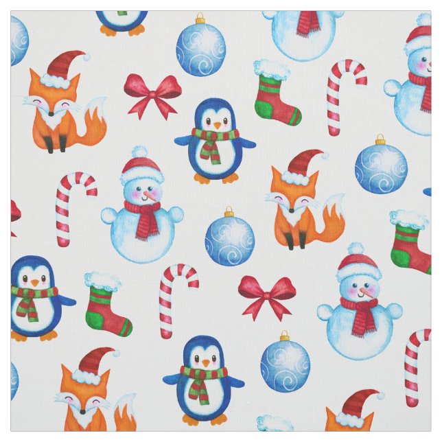 Festive Watercolor Christmas Illustration Pattern Fabric (Swatch)