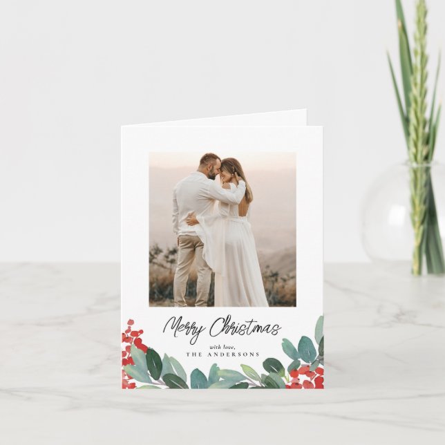 Festive Watercolor Christmas Photo Holiday Card (Front)