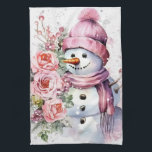 Festive watercolor Christmas pink snowman  Tea Towel<br><div class="desc">Festive watercolor Christmas pink snowman kitchen towel</div>