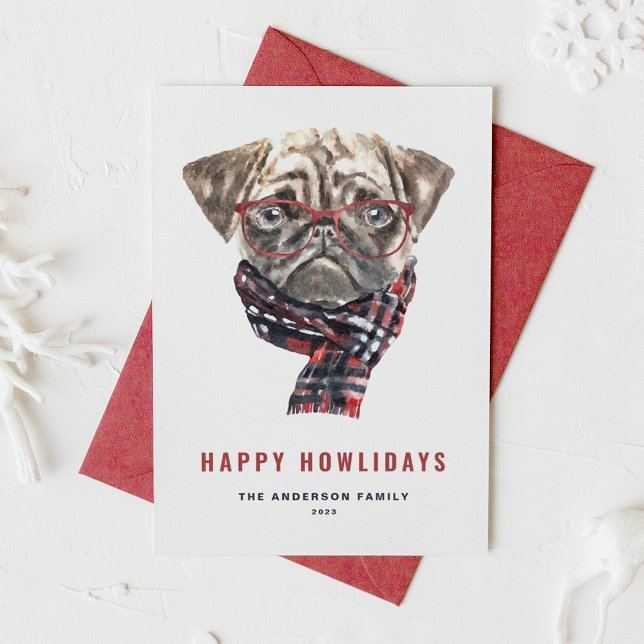 Festive Watercolor Christmas Pug Happy Howlidays Holiday Card (Creator Uploaded)