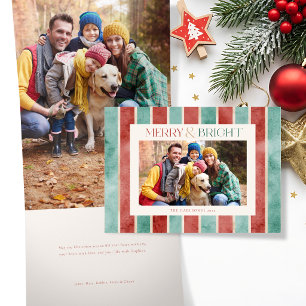 Festive Watercolor Christmas Stripes Photo Tri-Fold Holiday Card