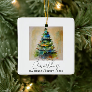Festive Watercolor Christmas Tree Artistic Drawing Ceramic Ornament