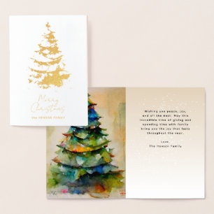 Festive Watercolor Christmas Tree Artistic Gold Foil Card