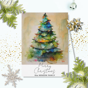Festive Watercolor Christmas Tree Artistic  Holiday Card