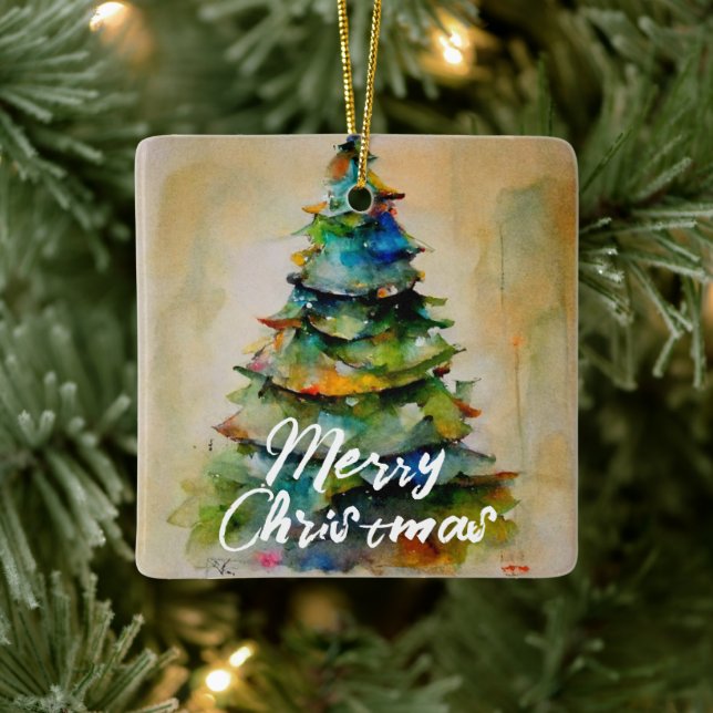 Festive Watercolor Christmas Tree Artistic Photo Ceramic Ornament (Tree)