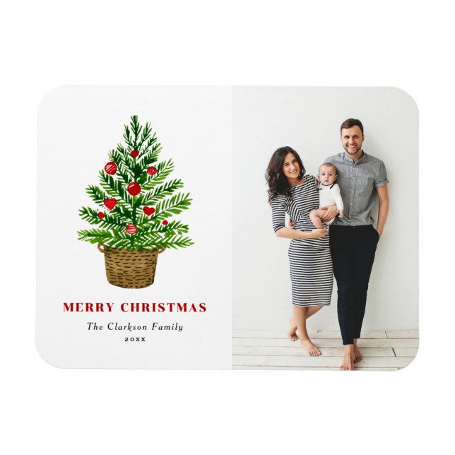 Festive Watercolor Christmas Tree Christmas Photo Magnet (Horizontal)